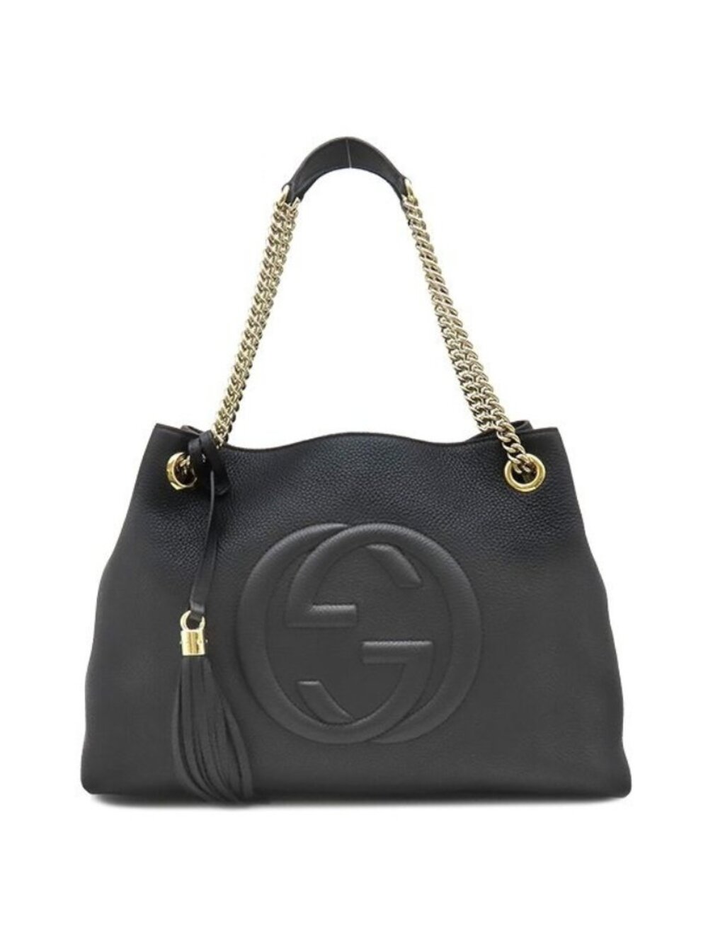 Gucci Tote Bag Soho Interlocking G Leather Black Gold Chain